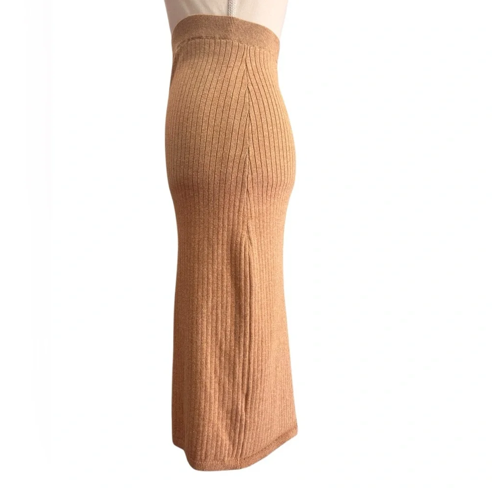 Free People Skyline Camel Ribbed Knit Midi Pencil Skirt Front Slit Size S